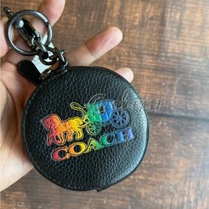 NWT Coach Black Leather Round Coin Case Bag Charm with Horse and Carriage